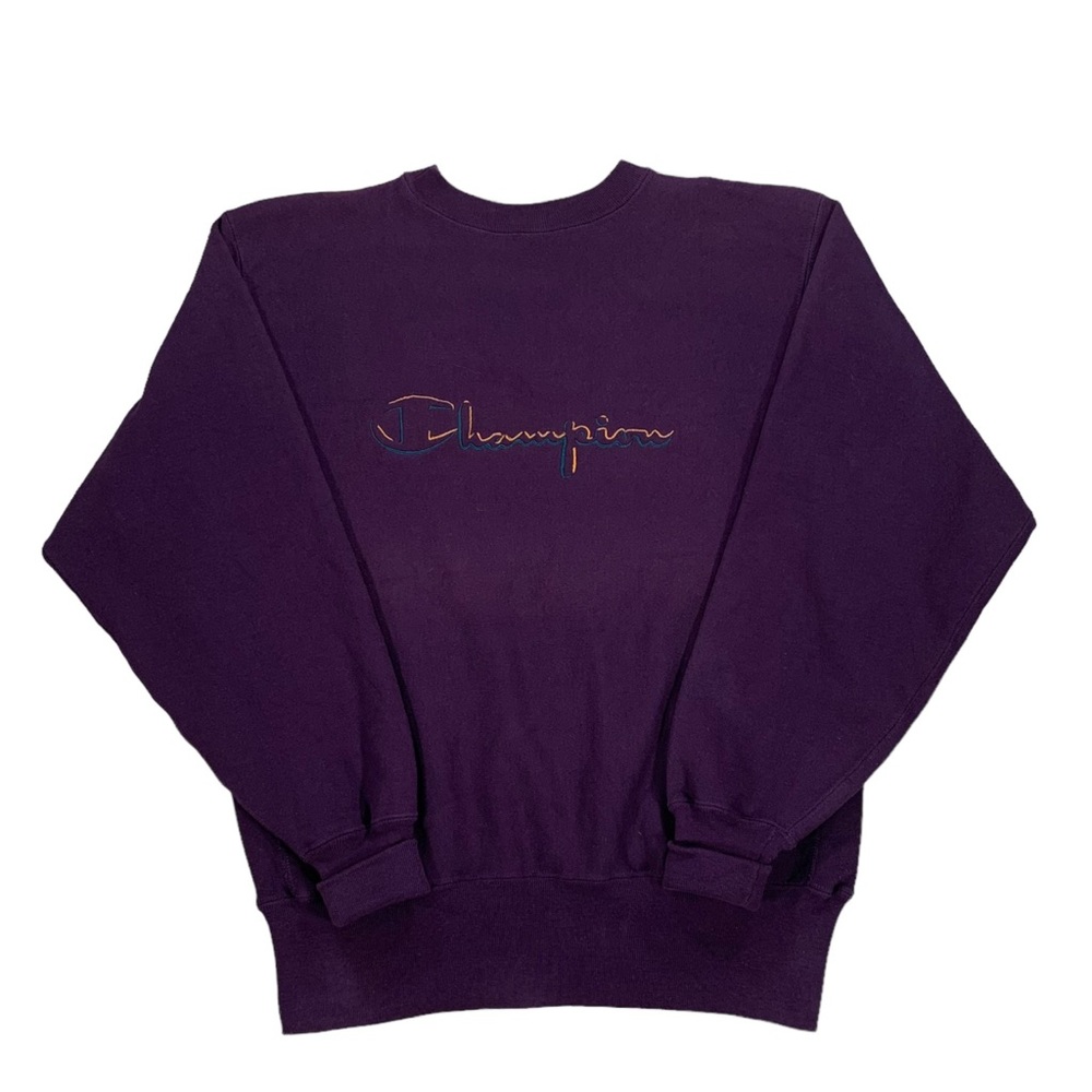 VTG 90s Champion Reverse Weave Purple Embroidered Script Logo Sweatshirt Size L